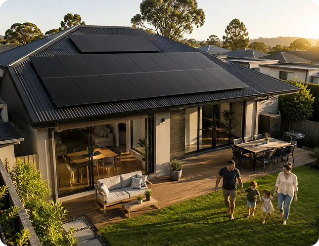 Regional Queensland home with black monocrystalline solar panels and a family enjoying their backyard.
