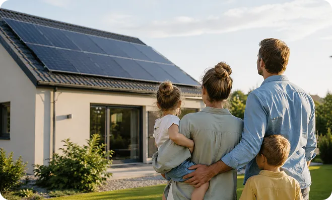 Family admiring a modern regional Queensland home with black monocrystalline solar panels from the backyard.