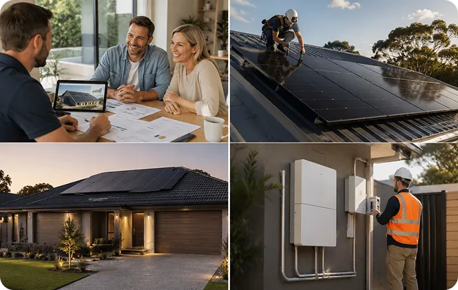 Collage showing a solar consultation, rooftop solar panel installation, outdoor home battery system, completed solar home, and a technician installing battery equipment.
