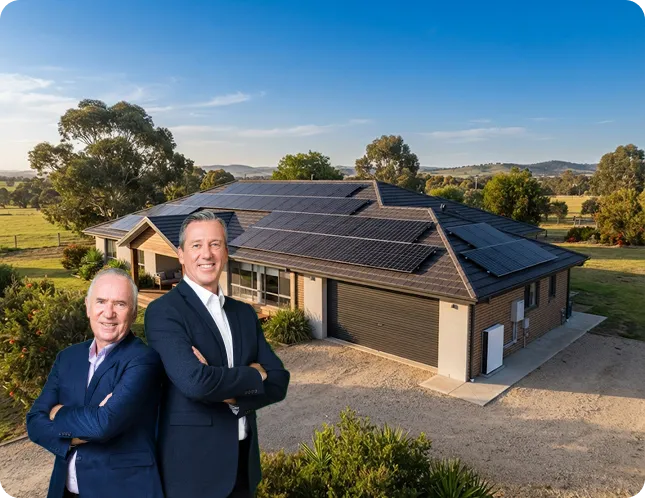 Allan Border and Glenn McGrath standing beside a regional Victorian home with rooftop solar panels in a rural setting.