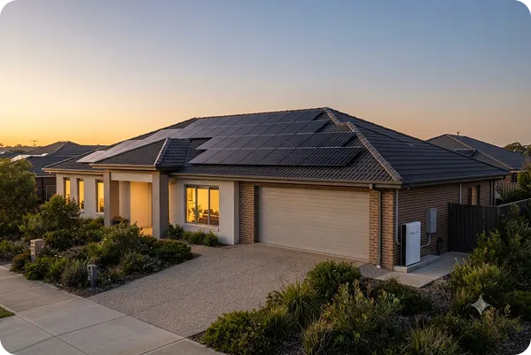 Regional Victorian home with black monocrystalline solar panels and an outdoor home battery system installed at sunset.