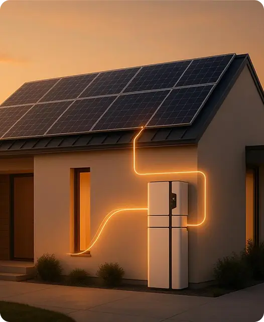 Solar panels on a rooftop, with solar Battery glowing under the vibrant colours of a sunset sky
