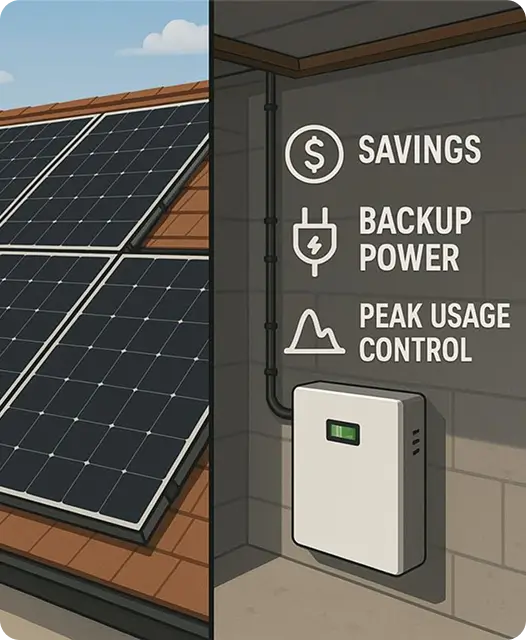 Solar panels on a rooftop with a sign that text 'Savings and Backup Power,' illustrating the benefits of solar panel with battery.