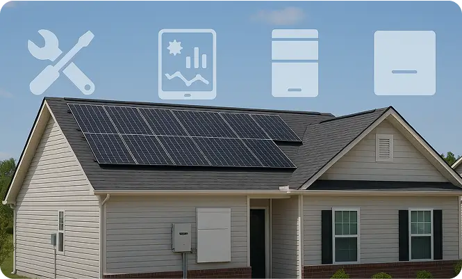 A residential home featuring solar panels on the roof, with an assortment of tools displayed maintenance, installation and saving