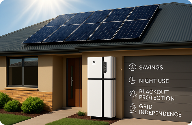 A house displaying solar panels on the roof and equipped with the solar battery showing benefits of modern energy efficiency.