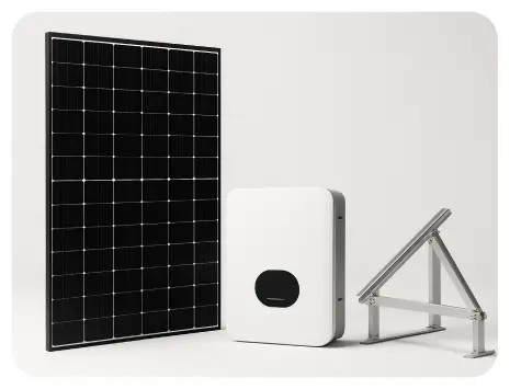 A large solar panel next to a smaller solar inverter, both positioned on a flat surface under natural lighting 