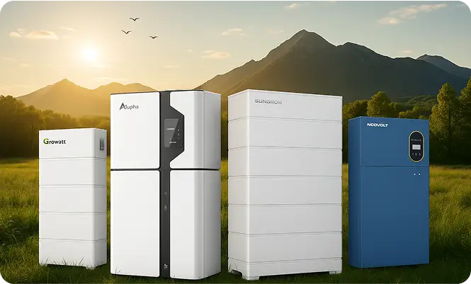 different types of solar battery system displayed in a grassy field under a clear blue sky 