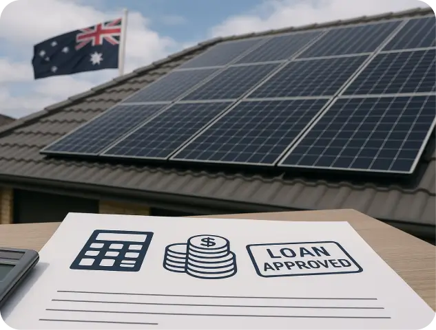 A house roof with a solar panel system 'Loan Approved' sign prominently displayed, symbolizing financial approval for home improvement.