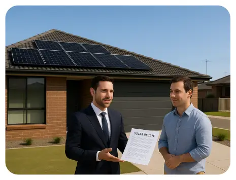 Two men stand with a document of solar rebates outside a house equipped with solar panels on the roof