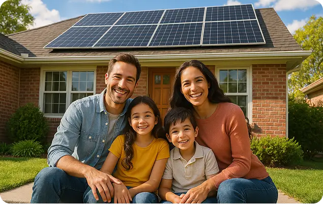 Homeowners posing by house with solar panels installed 