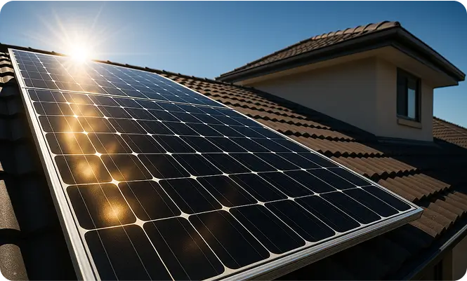 Half-cell solar panel installed on a house roof, illuminated by bright sunlight.